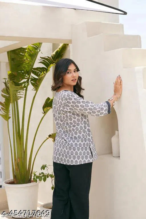 Stylish White Multi-color Hand Block Print Cotton Kurti for Girls and Women