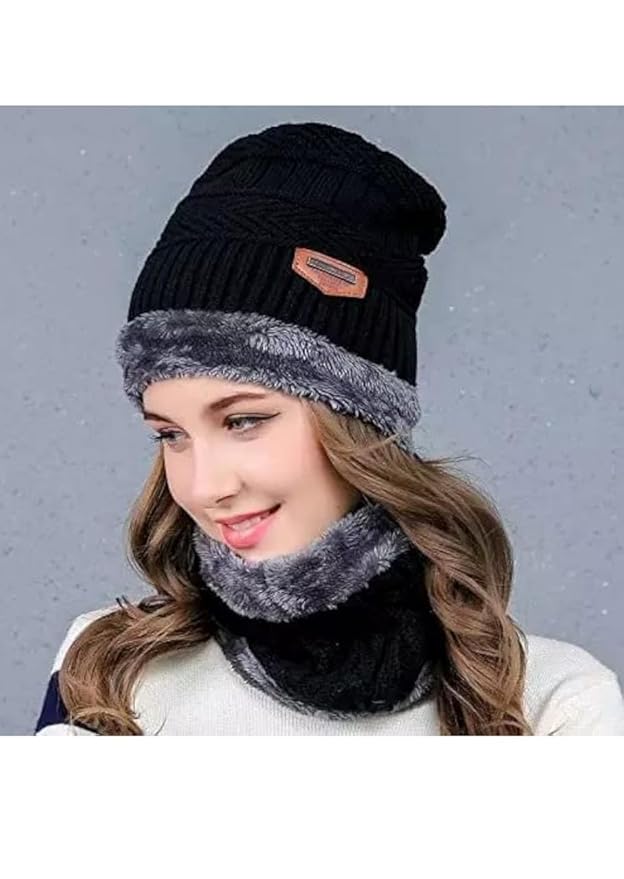 Woolen Winter Cap Beanie Hat with Neck Warmer Set