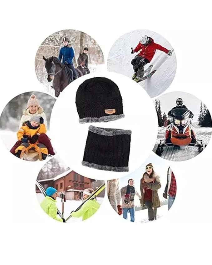 Woolen Winter Cap Beanie Hat with Neck Warmer Set