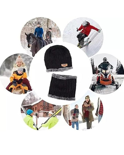 Woolen Winter Cap Beanie Hat with Neck Warmer Set