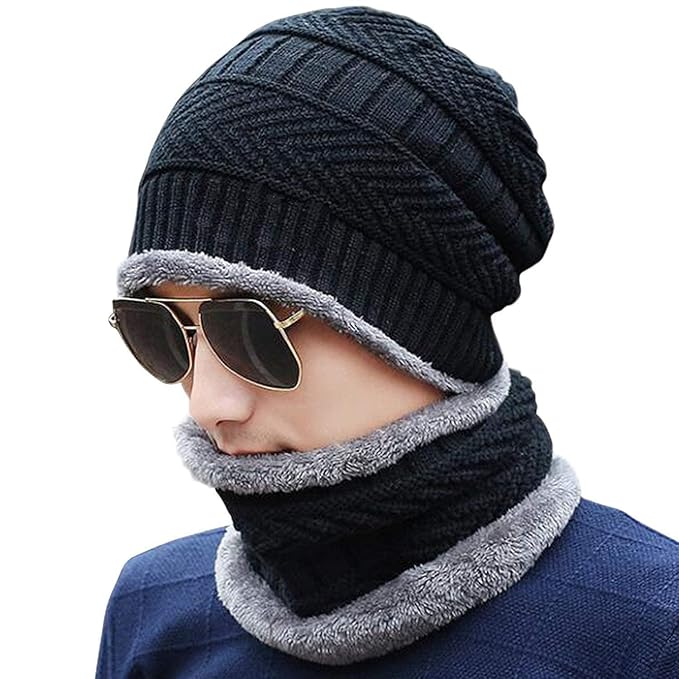 Woolen Winter Cap Beanie Hat with Neck Warmer Set