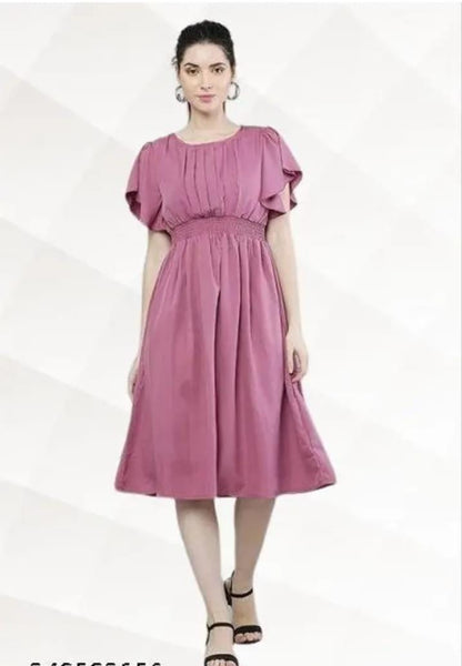 Women Pink Solid Viscose Rayon Fit & Flair Dress