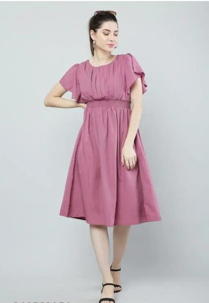Women Pink Solid Viscose Rayon Fit & Flair Dress
