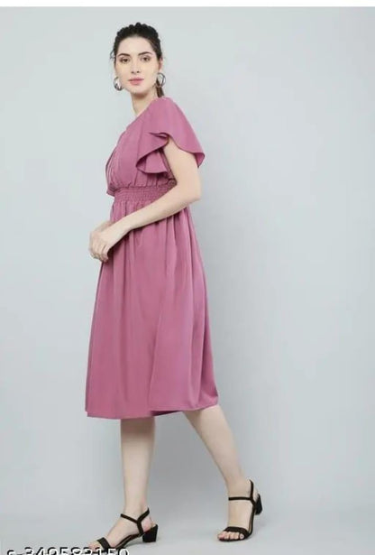 Women Pink Solid Viscose Rayon Fit & Flair Dress