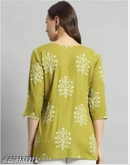Printed Rayon Green Short Kurti For Girls and Women