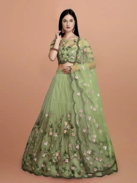 Net Embroidred Semi Stiched Lehenga Choli - Green
